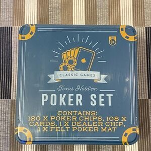 CLASSIC GAMES Texas Hold' 'Em Poker Set ~ Sealed in Metal‎ Tin ~ Age 8+